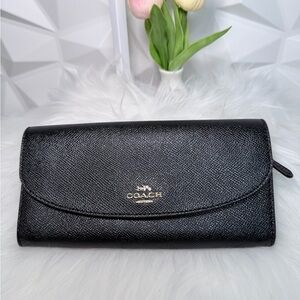 Coach Black Textured Leather Continental Clutch Wallet with Gold Logo
